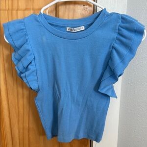 Zara Sky Blue Ruffle Sleeve Blouse